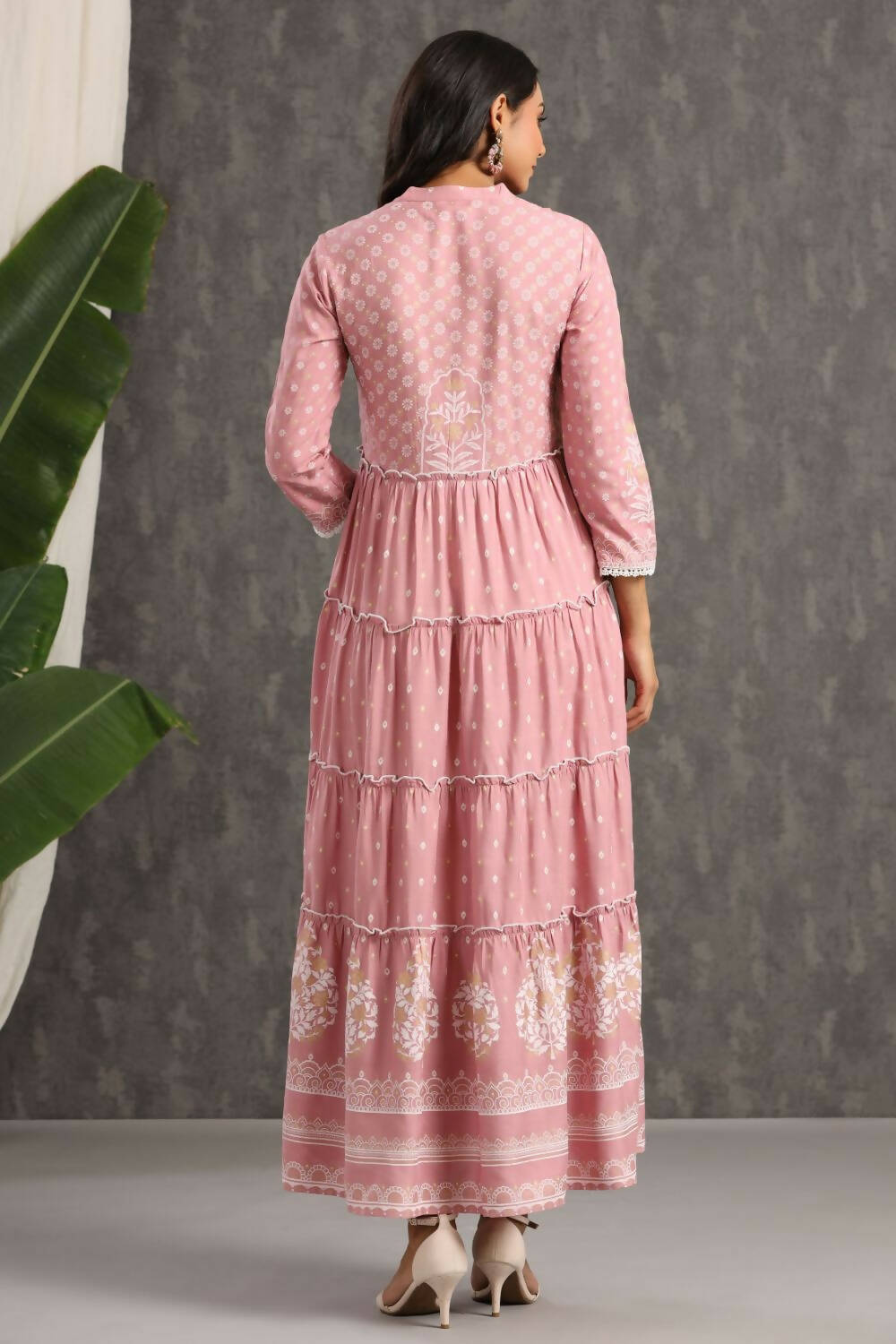 Juniper Womens Onion Pink Rayon Foil Printed Tiered Dress - Distacart