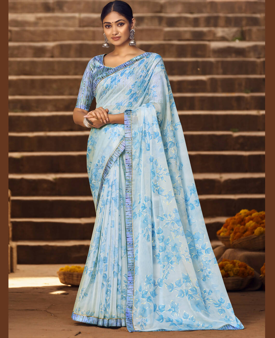 Sky Blue Silver Chiffon Printed Saree With Unstitched Blouse Piece - Jyoti - Distacart