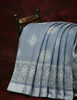 Powder Grey Coloured Block Print Semi Chanderi Saree By Gayathri Reddy Designer Studio - Distacart