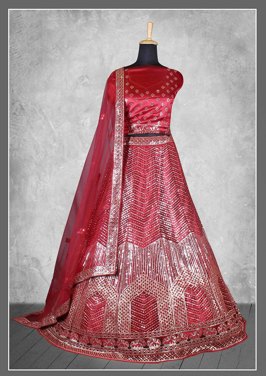 Red Satin Silk Cord and sequins Floral embroidery Bridal lahenga Choli with Dupatta - Nimaya Pavitra Rista - Distacart