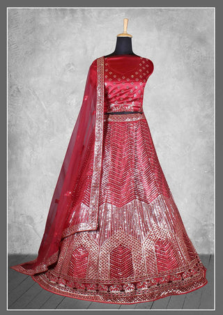 Red Satin Silk Cord and sequins Floral embroidery Bridal lahenga Choli with Dupatta - Nimaya Pavitra Rista - Distacart