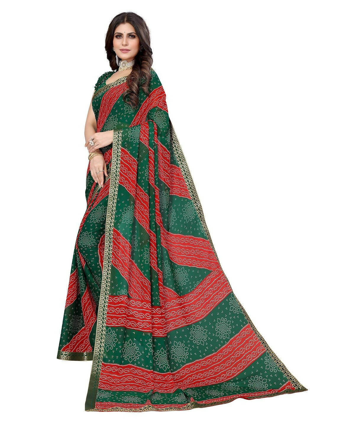 Vamika Green Georgette Printed With Lace Saree (MANYA GREEN RED) - Distacart