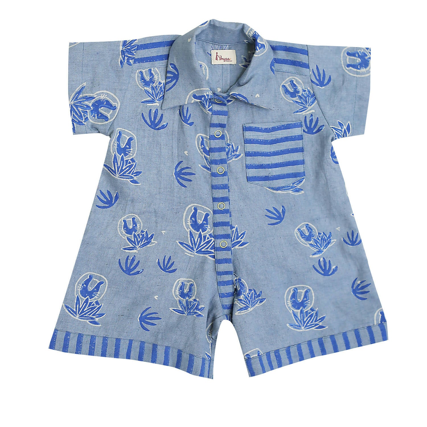 Mhyssa Blue Round Neck Patch Pocket Half Sleeves Romper For Kids - Distacart