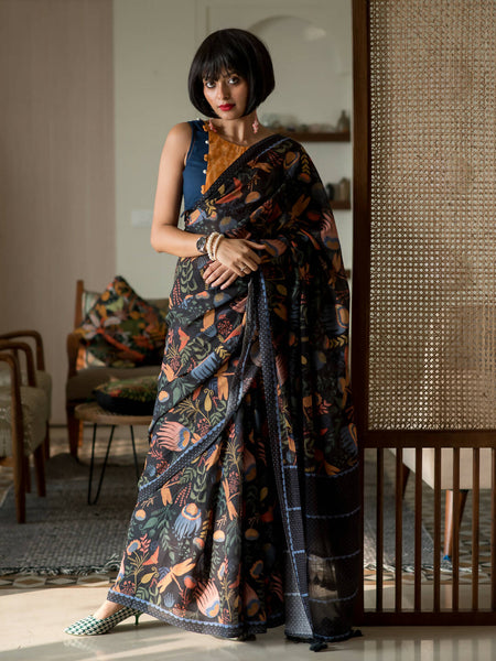 Suta Black Floral Pure Cotton Saree - Distacart