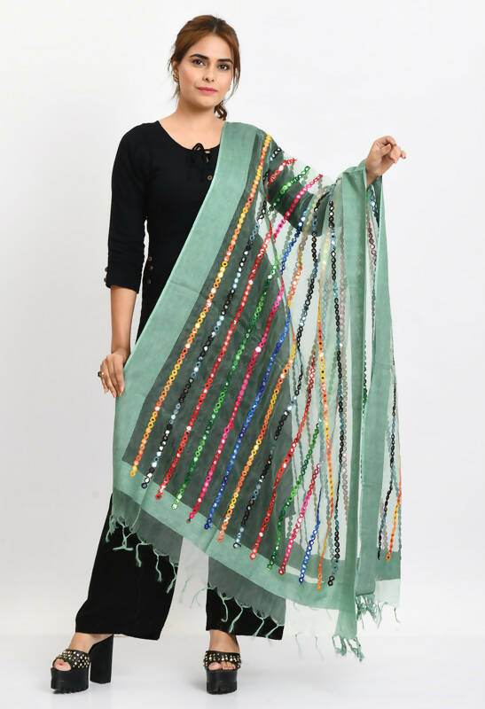 Mominos Fashion Moeza Women's Orgenza Multi Thread Mirror Work Pista Green Dupatta - Distacart