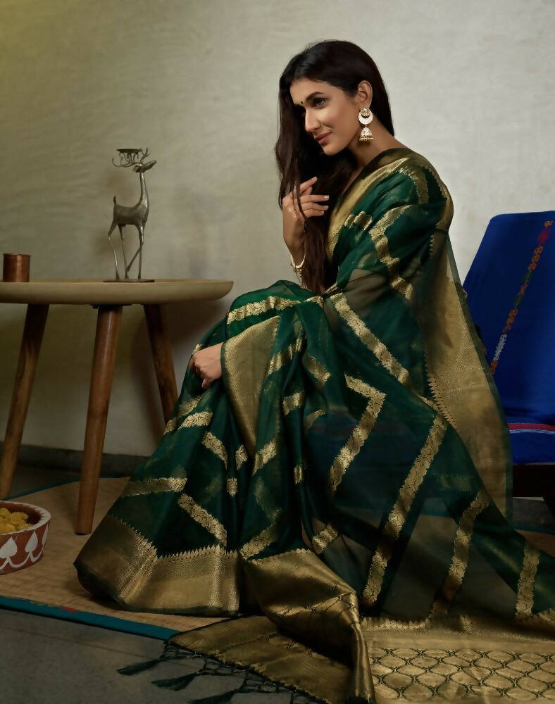 Glamorous Designer Stone Green Color Organza Silk Saree With Weaving Work - Yomika Fashions - Distacart
