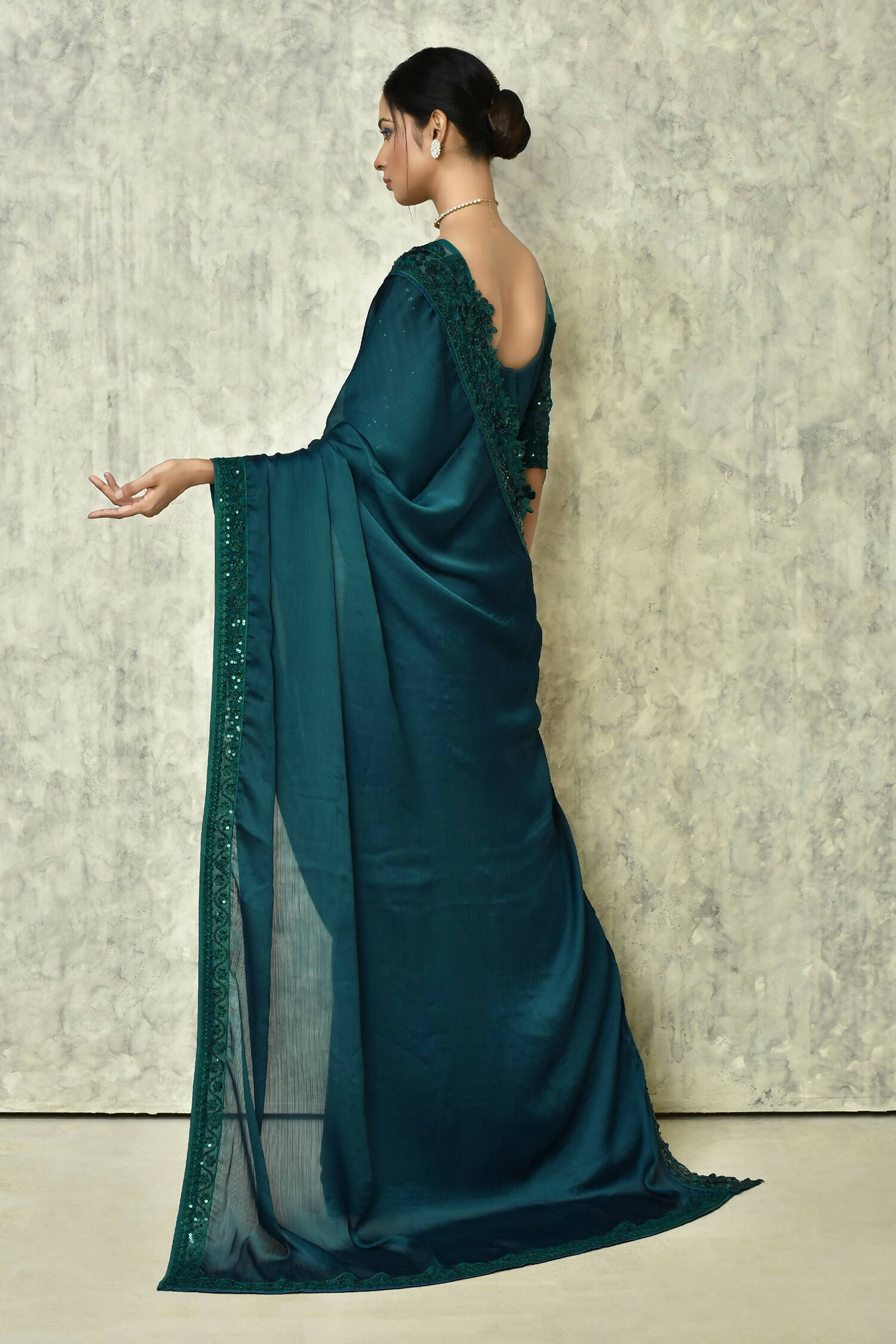 Teal Silk Solid Designer Saree with Blouse - Purvi - Distacart