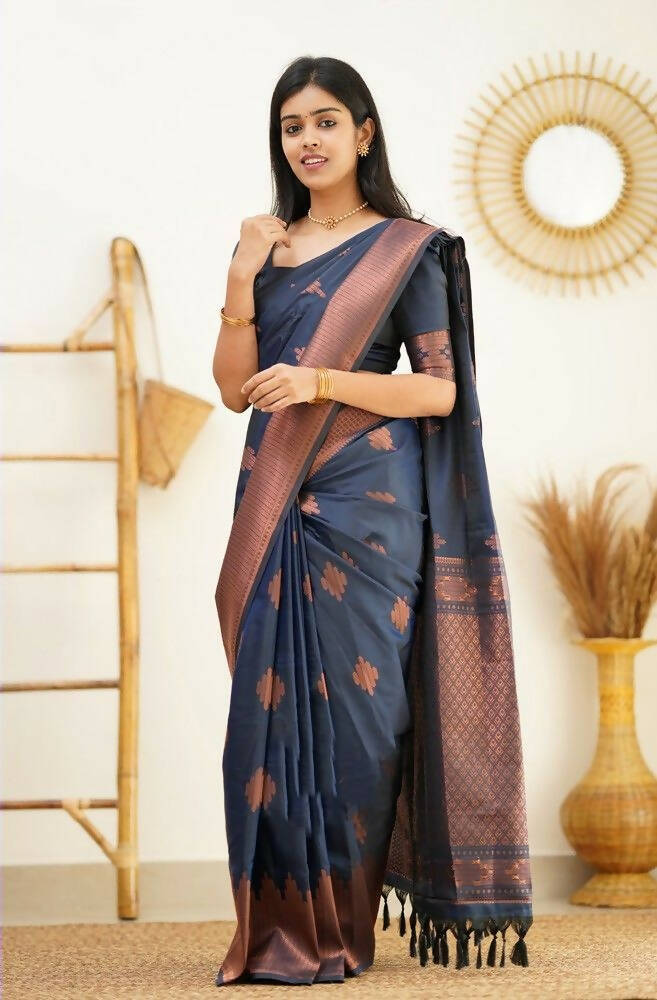 DEIANA'S Beautiful Golden Jari with New Design Soft Lichi Silk Saree - Navy Blue - Distacart