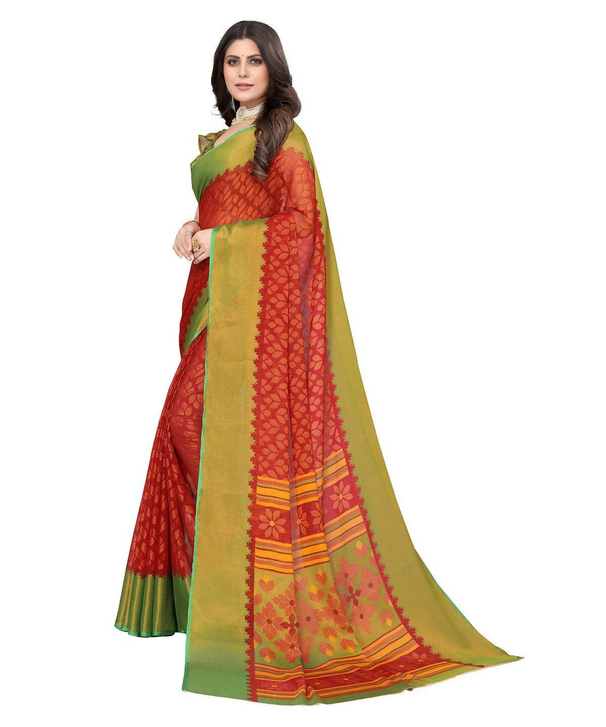 Vamika Red Chiffon Brasso Bollywood Style Woven Saree (ALIZA RED) - Distacart