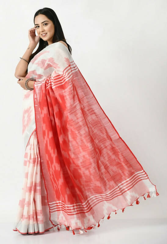 Mominos Fashion Moeza White & Red Bhagalpuri Handloom Ikat Pure Cotton Saree with unstitched Blouse piece - Distacart