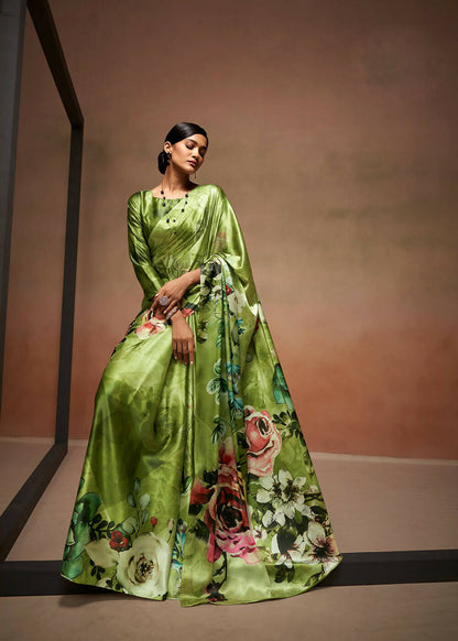 Green Satin Digital Printed Saree with Unstitched Blouse Piece - Jodha - Distacart