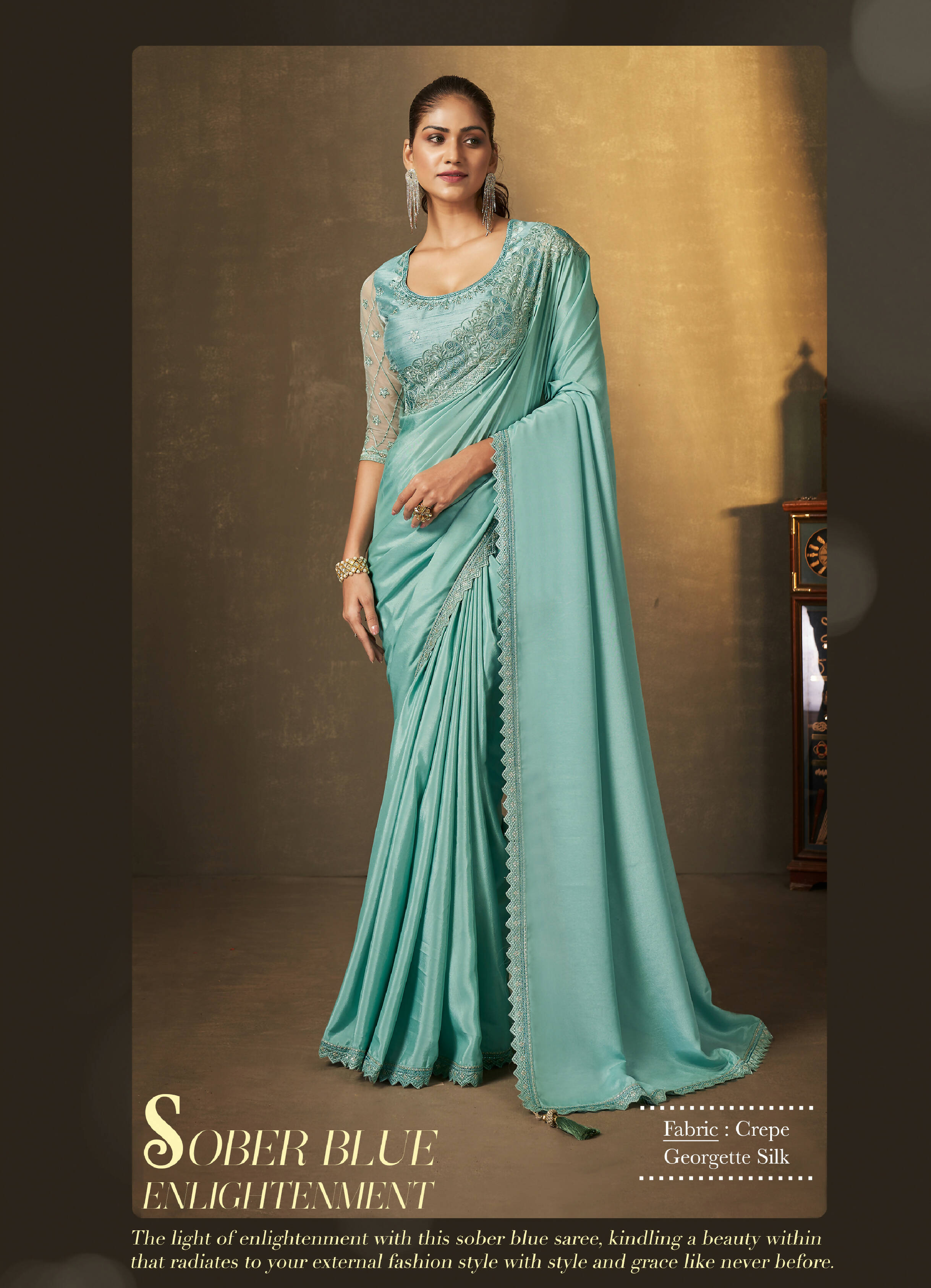 Light Blue Crepe Georgette Silk Embroidered with Swaroski Work Saree With Unstitched Blouse Piece - Norita Royal Erisha - Distacart