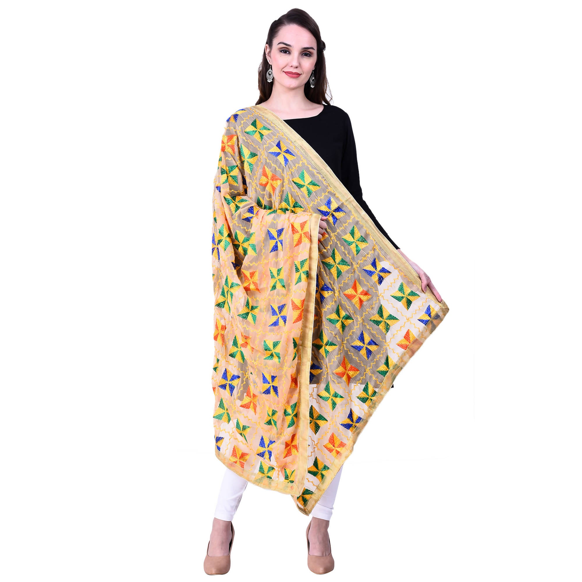SWI Stylish Women's Embroidered Phulkari Chiffon Beige Dupatta