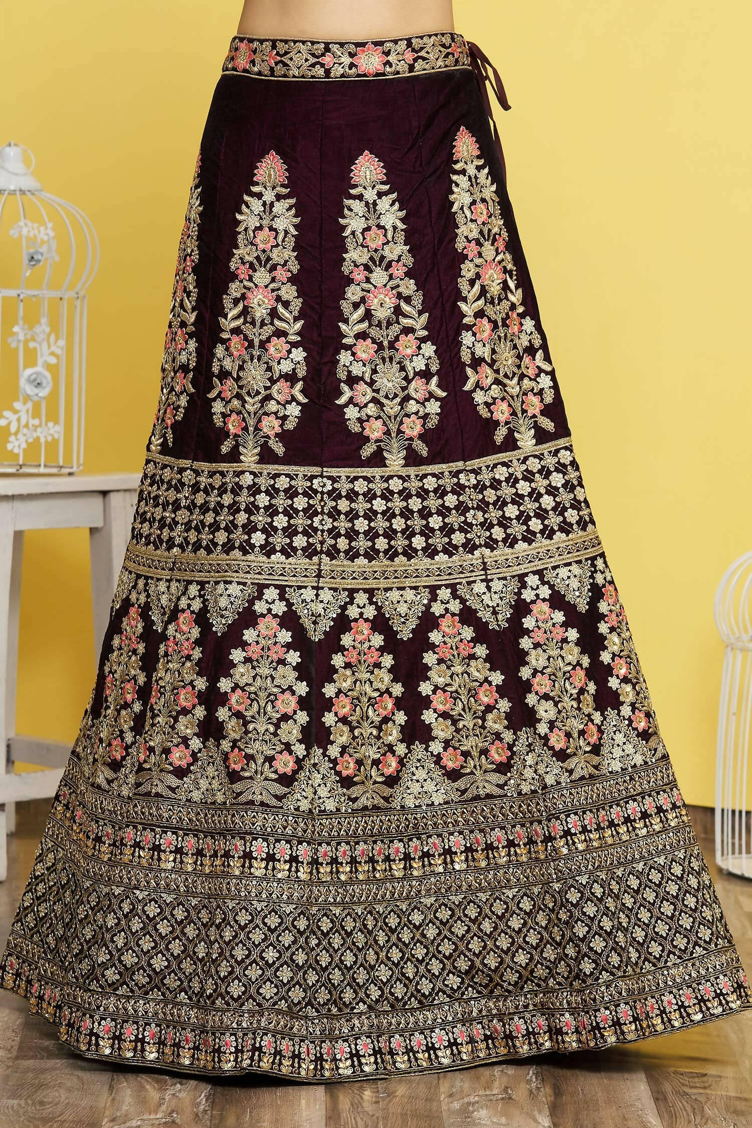 Wine Velvet Semi-Stitched Wedding Bridal Lehenga - Nimaya - Distacart