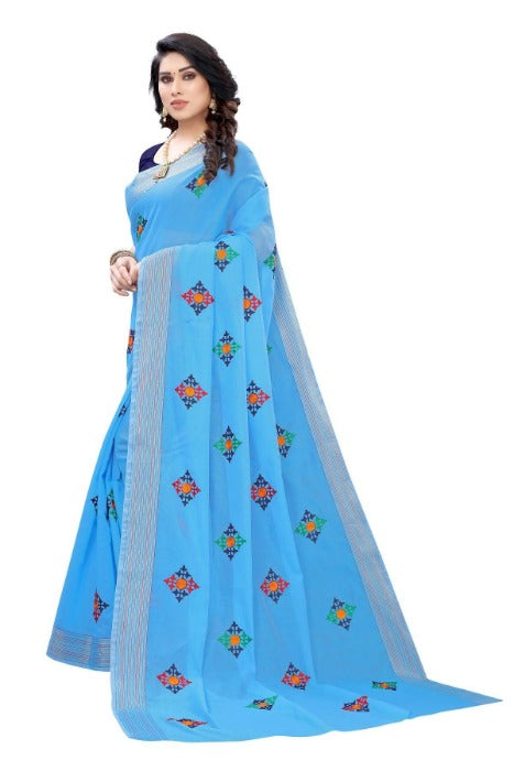 Vamika Chanderi Cotton Embroidery Blue Saree (Dixa Blue)