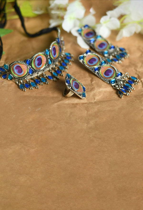 Mominos Fashion Johar Kamal Oxidised Silver-Plated Brass Finish Peacock Wings Choker For Women - Distacart