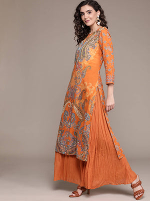 Ritu Kumar Women Rust Orange Pure Cotton Paisley Printed Kurta with Sharara & Dupatta - Distacart