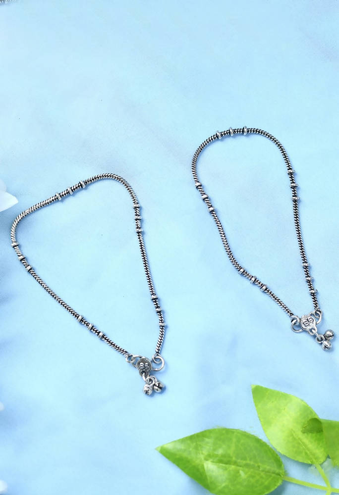 Mominos Fashion Kamal Johar Oxidised Light Weight Silver Anklets