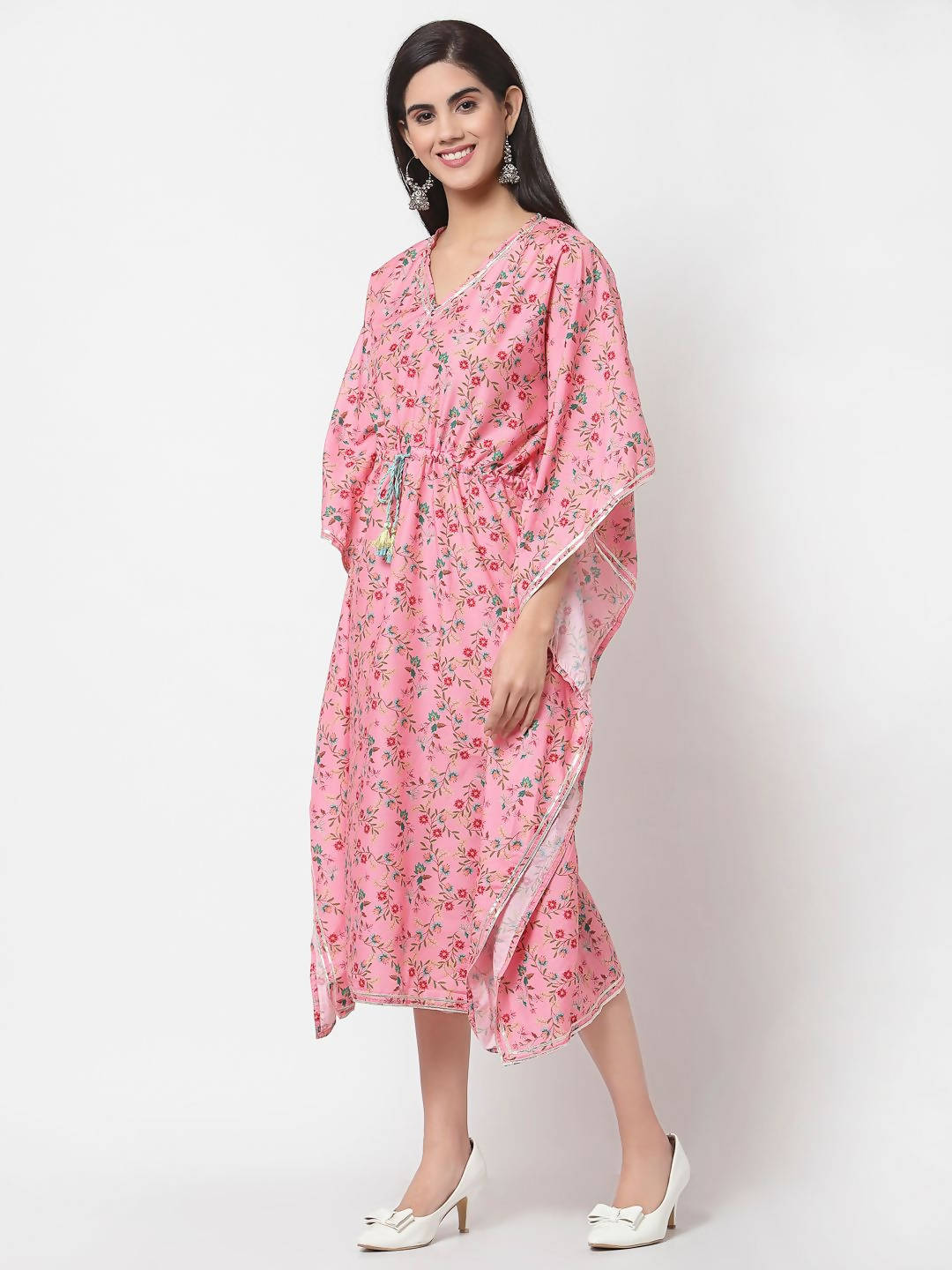 Myshka Women's Pink Polyester Printed Full Sleeve V Neck Casual Kaftaan