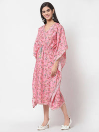 Thumbnail for Myshka Women's Pink Polyester Printed Full Sleeve V Neck Casual Kaftaan