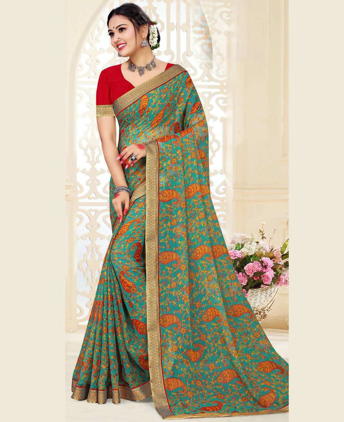 Sea Green Chiffon Brasso Printed Saree With Unstitched Blouse Piece - Jyoti - Distacart