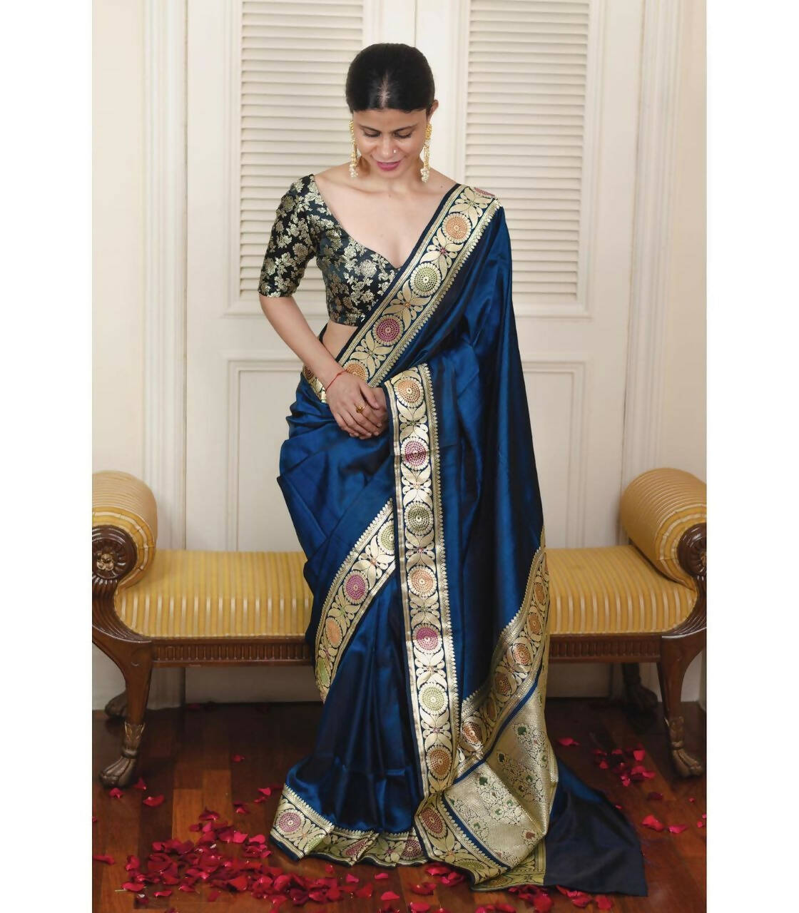 DEIANA'S Beautiful Golden Jari with New Design Soft Lichi Silk Saree - Blue - Distacart