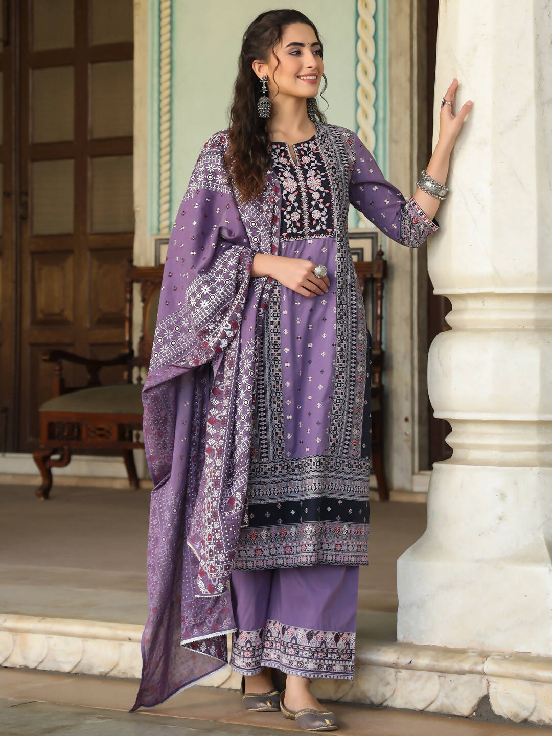 Juniper Women's Lavender Cambric Geometric Printed Mix And Match Kurta Palazzo And Dupatta Set - Distacart