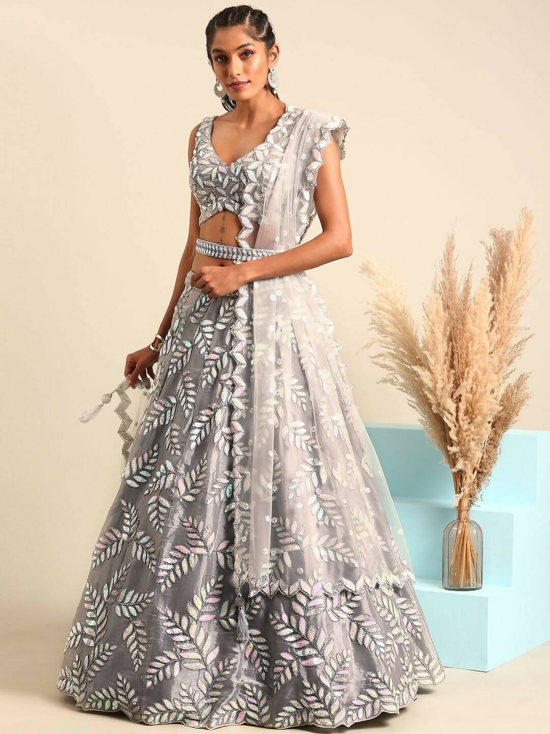 House of Panchhi Grey Organza Sequins & Zarkan embroidery Lehenga choli & Dupatta - Distacart