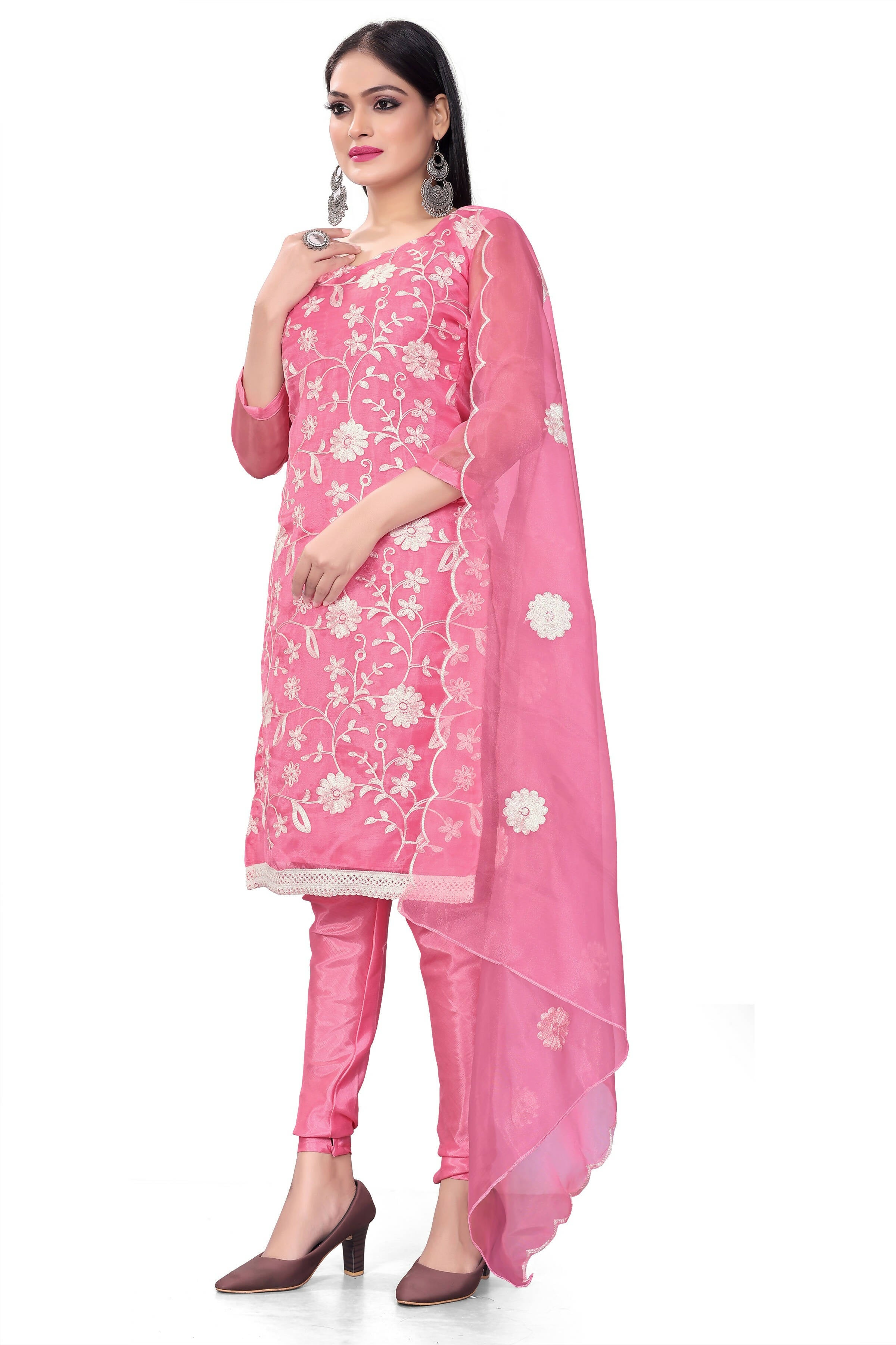 Pink Organza Silk Embroidered Work Unstitched Dress Material - Tanvi - Distacart