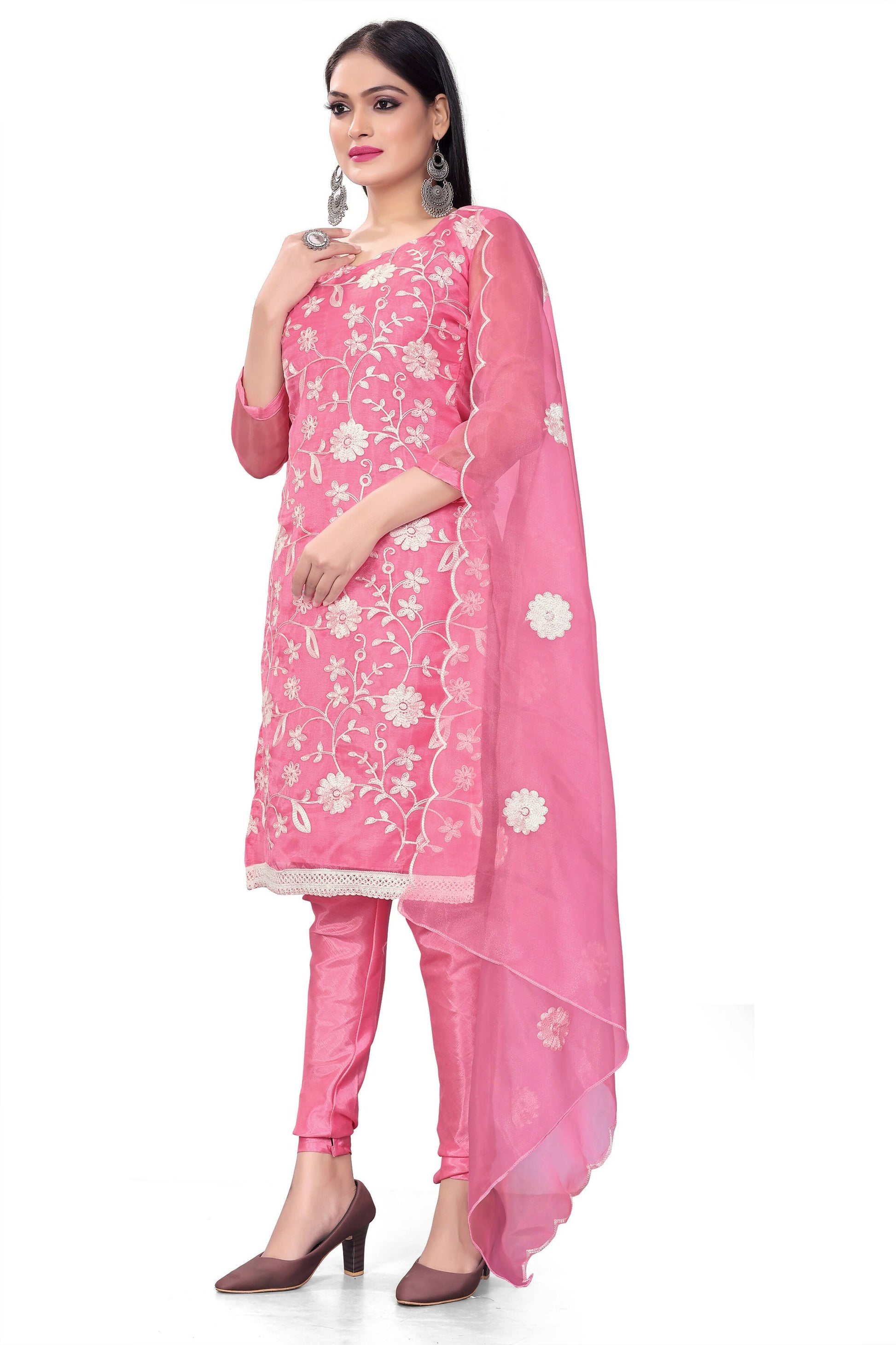 Pink Organza Silk Embroidered Work Unstitched Dress Material - Tanvi - Distacart