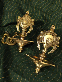 Thumbnail for Spillbox Gold-Toned 2 Pieces Brass Shangu Chakra Diyas Wall Hanging Pooja Essentials - Distacart