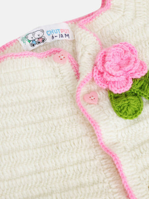 Chutput Kids Woollen Hand Knitted Full Sleeves Cardigan With Short Sleeves Flower Work Dress - Cream - Distacart