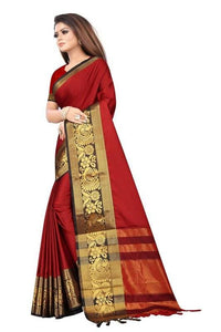 Thumbnail for Vamika Banarasi Cotton Silk Weaving Red Saree (DOCTOR MOR RED)