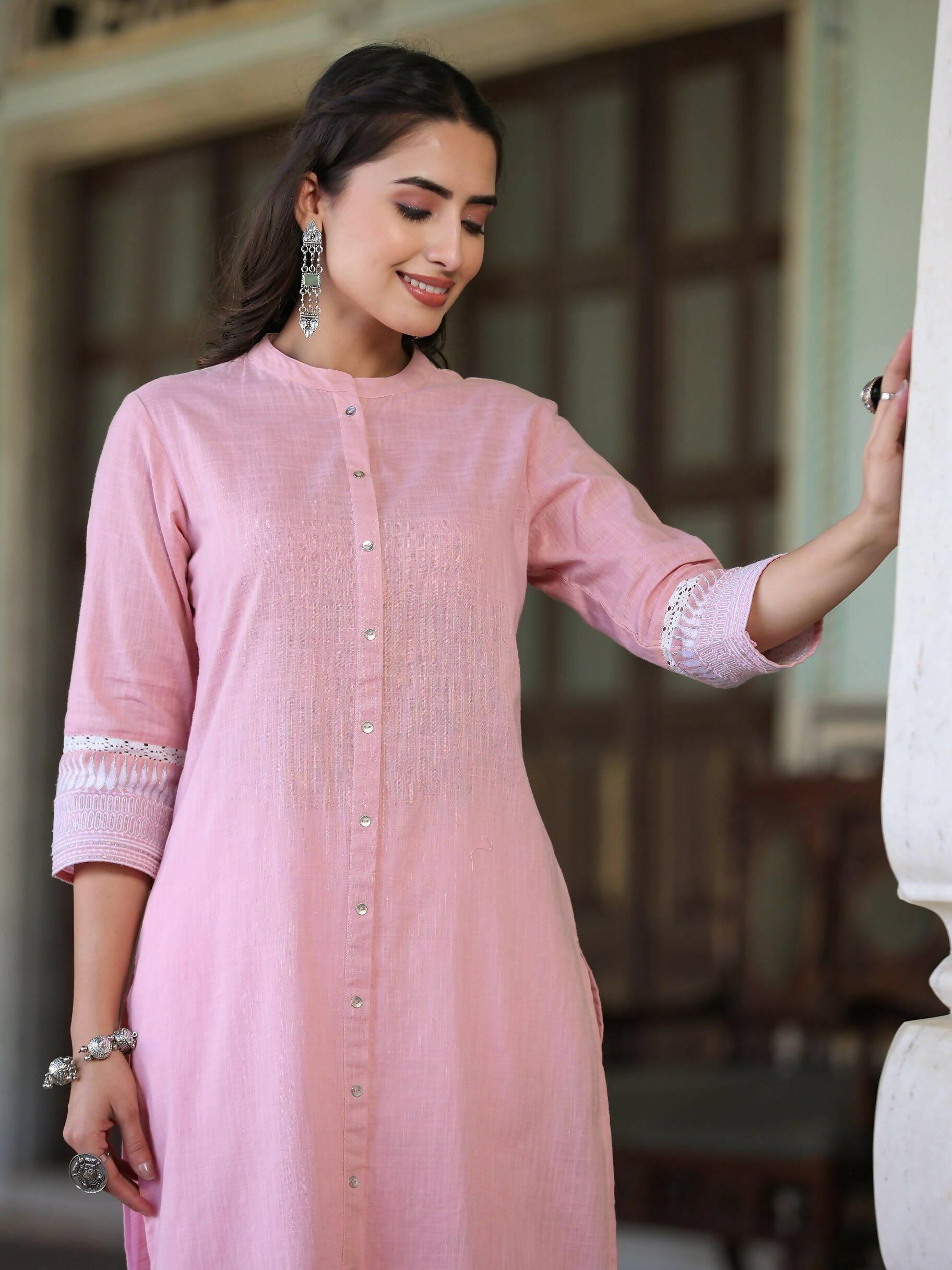Juniper Women's Pink Cotton Slub Embroidered Straight Kurta - Distacart