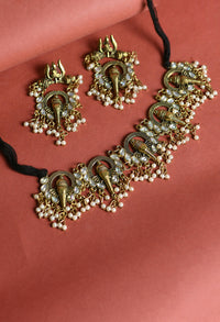 Thumbnail for Mominos Fashion Johar Kamal Oxidised Gold-Plated Ganesha Design Necklace Choker Set - Distacart