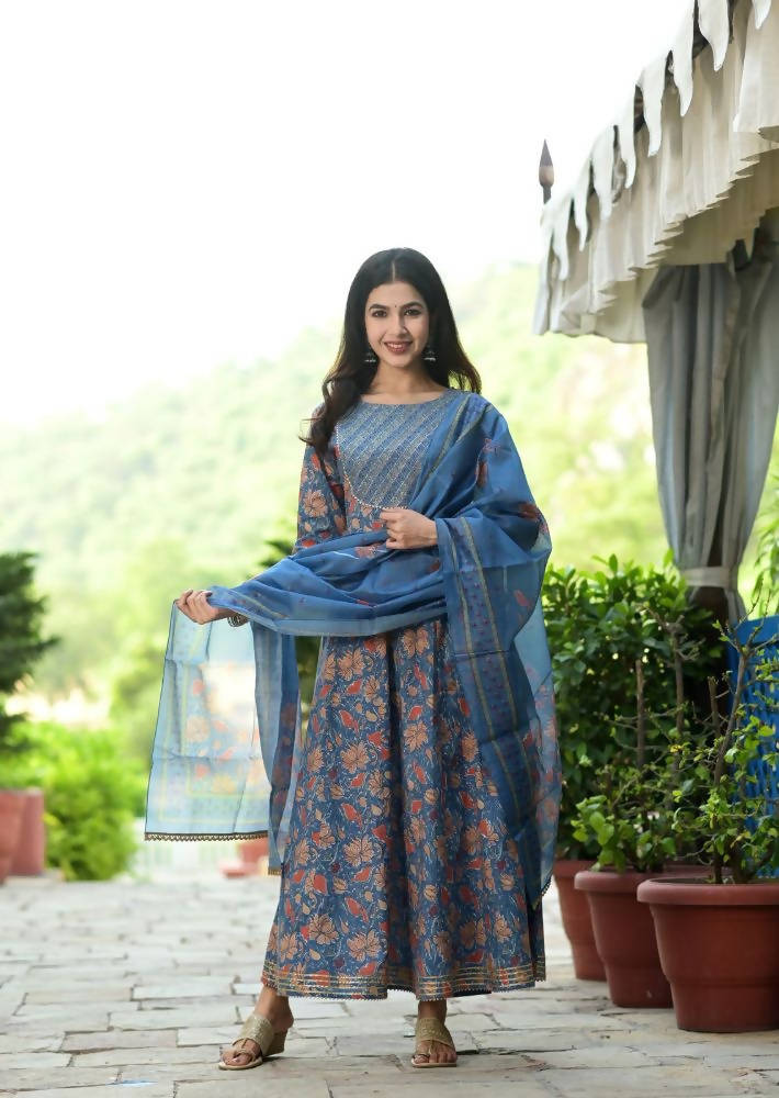 Yufta Women Blue Floral Yoke Design Regular Aari Work Pure Cotton Kurta with Trouser & With Dupatta