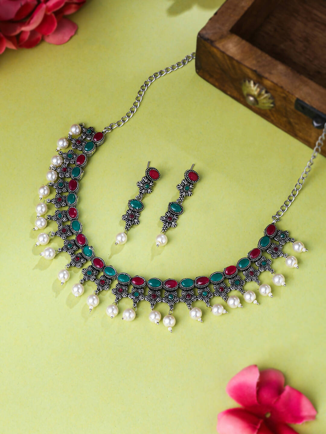 NVR Women Silver-Plated Stone Studded Oxidised Silver Jewellery Set - Distacart