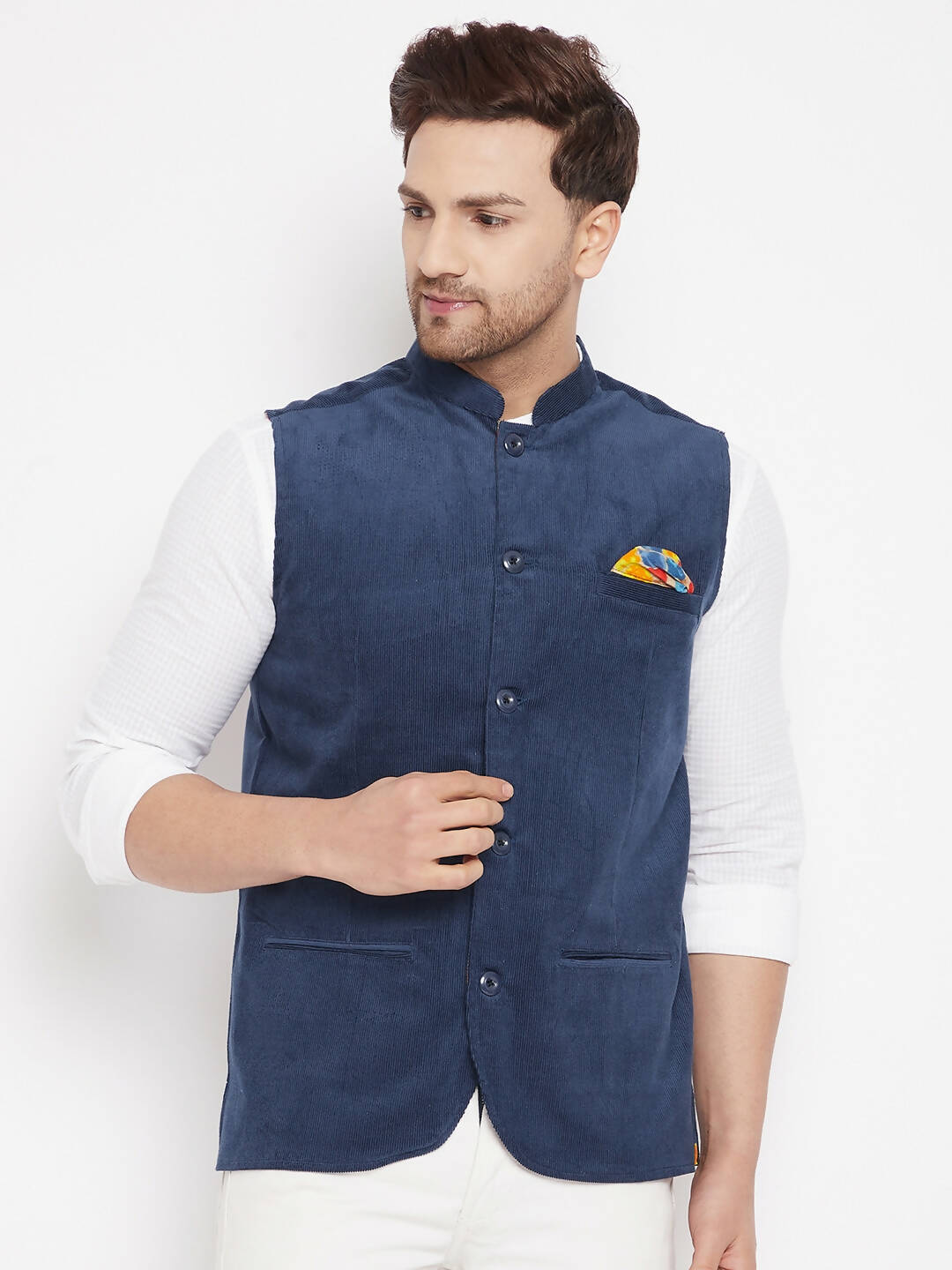 Even Apparels Blue Polyester Men's Nehru Jacket-Contrast Lining-Inbuilt Pocket Square - Distacart