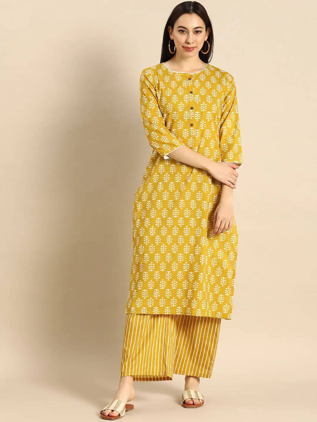 Vamika Printed Cotton Yellow Party Wear/Casual Wear Kurta Set/Suit - Distacart