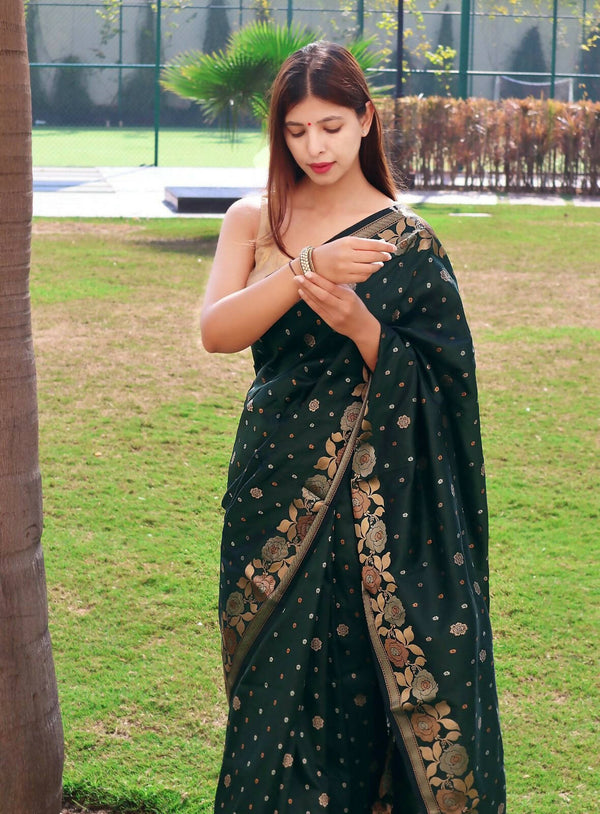 DEIANA'S Beautiful Golden Jari with New Design Soft Lichi Silk Saree - Green - Distacart