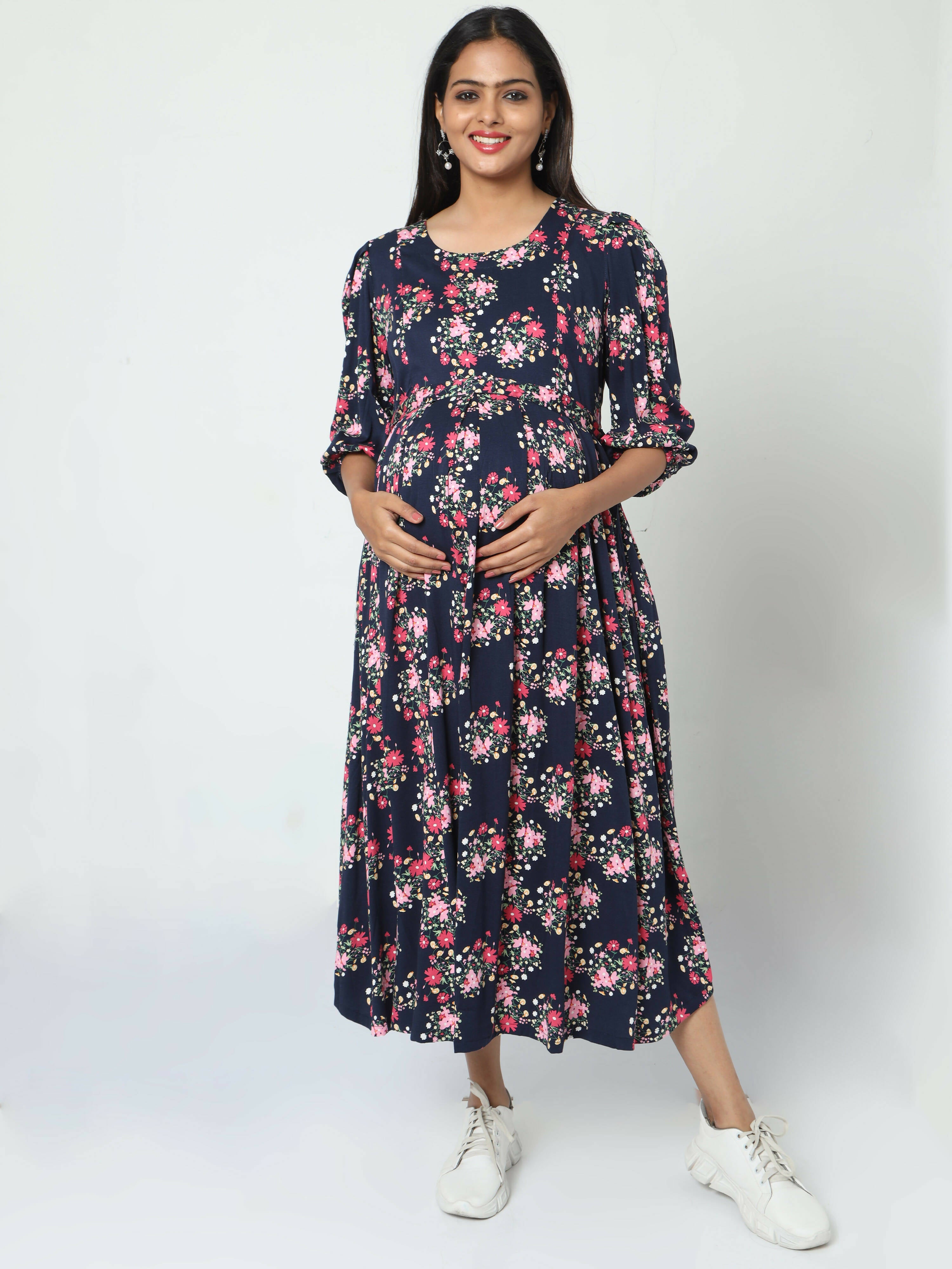 Manet Three Fourth Maternity Dress Floral Print With Concealed Zipper Nursing Access - Navy Blue - Distacart