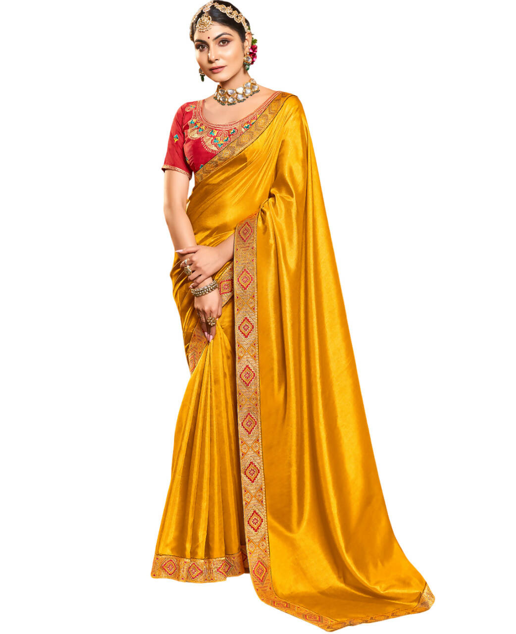 Mustard Solid Vichitra Saree With Unstitched Blouse Piece - Selena - Distacart