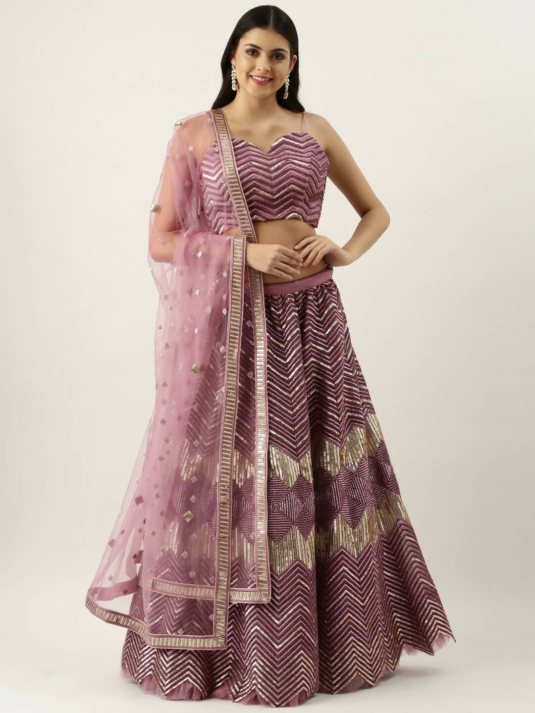 House of Panchhi Lavender - Net Embroidered Lehenga with Zig-Zag Pattern - Distacart