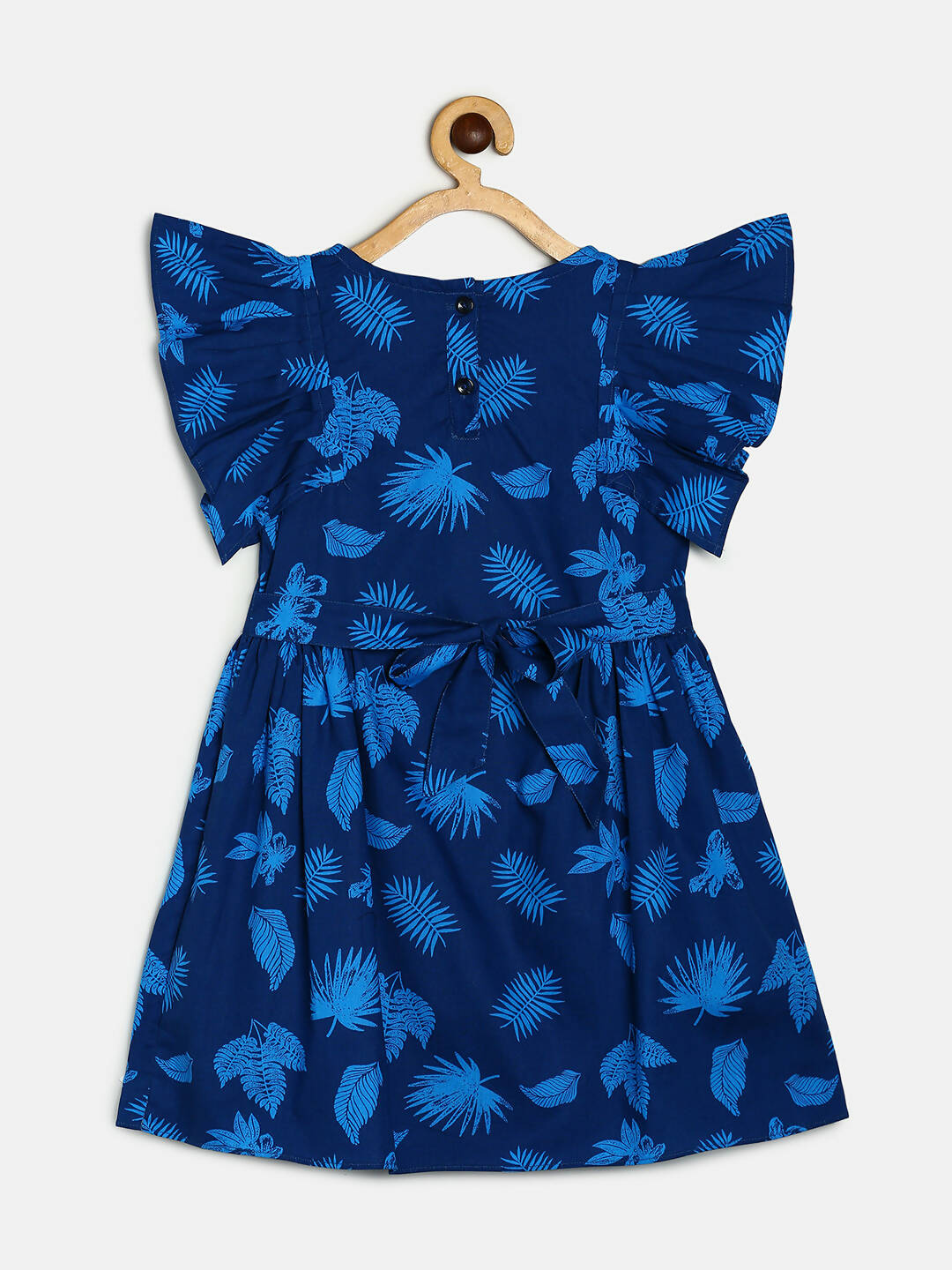 Manet Cotton Frill Bow Frock Leaf Printed - Blue - Distacart