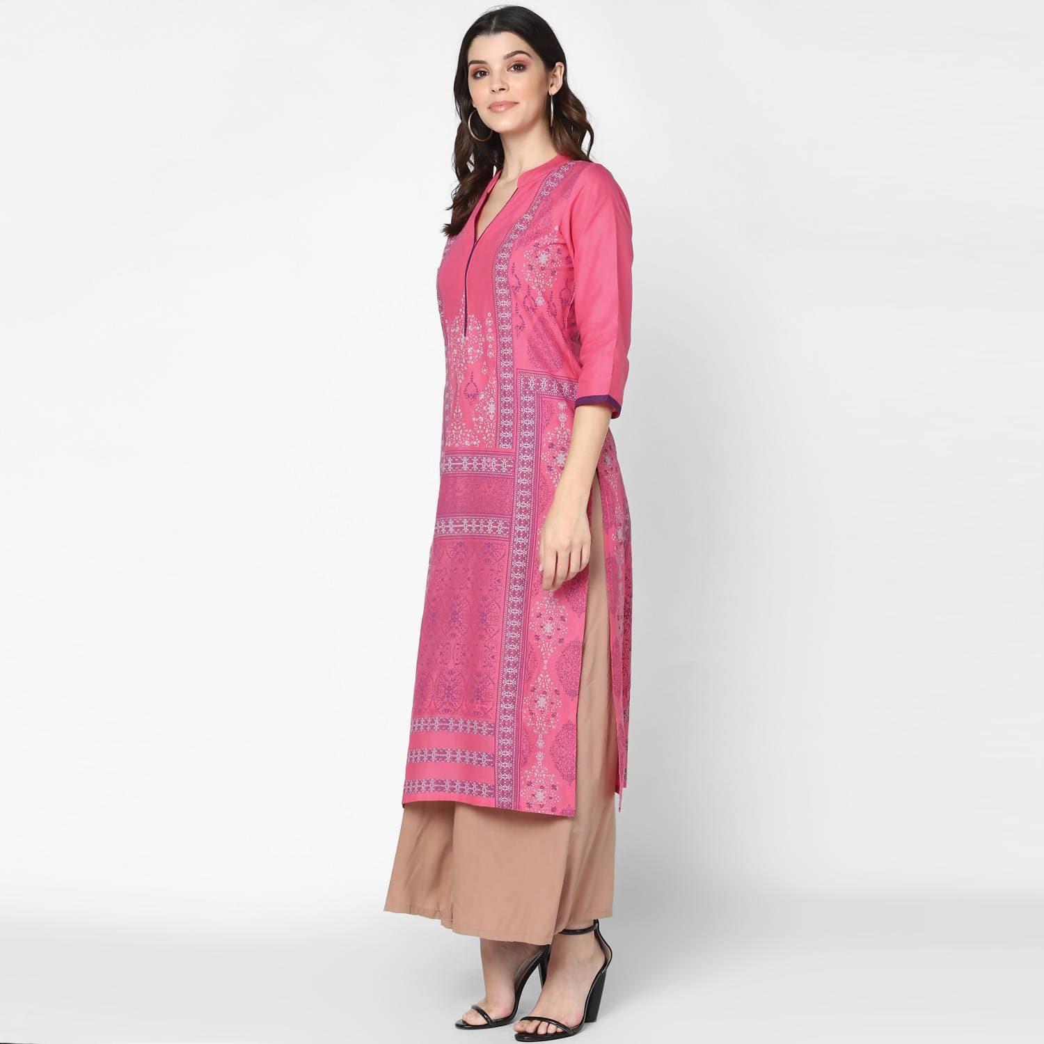 Cheera Hand Block Print Baby Pink & Skin Color Straight Kurta With Palazzo (MAAI-074K)