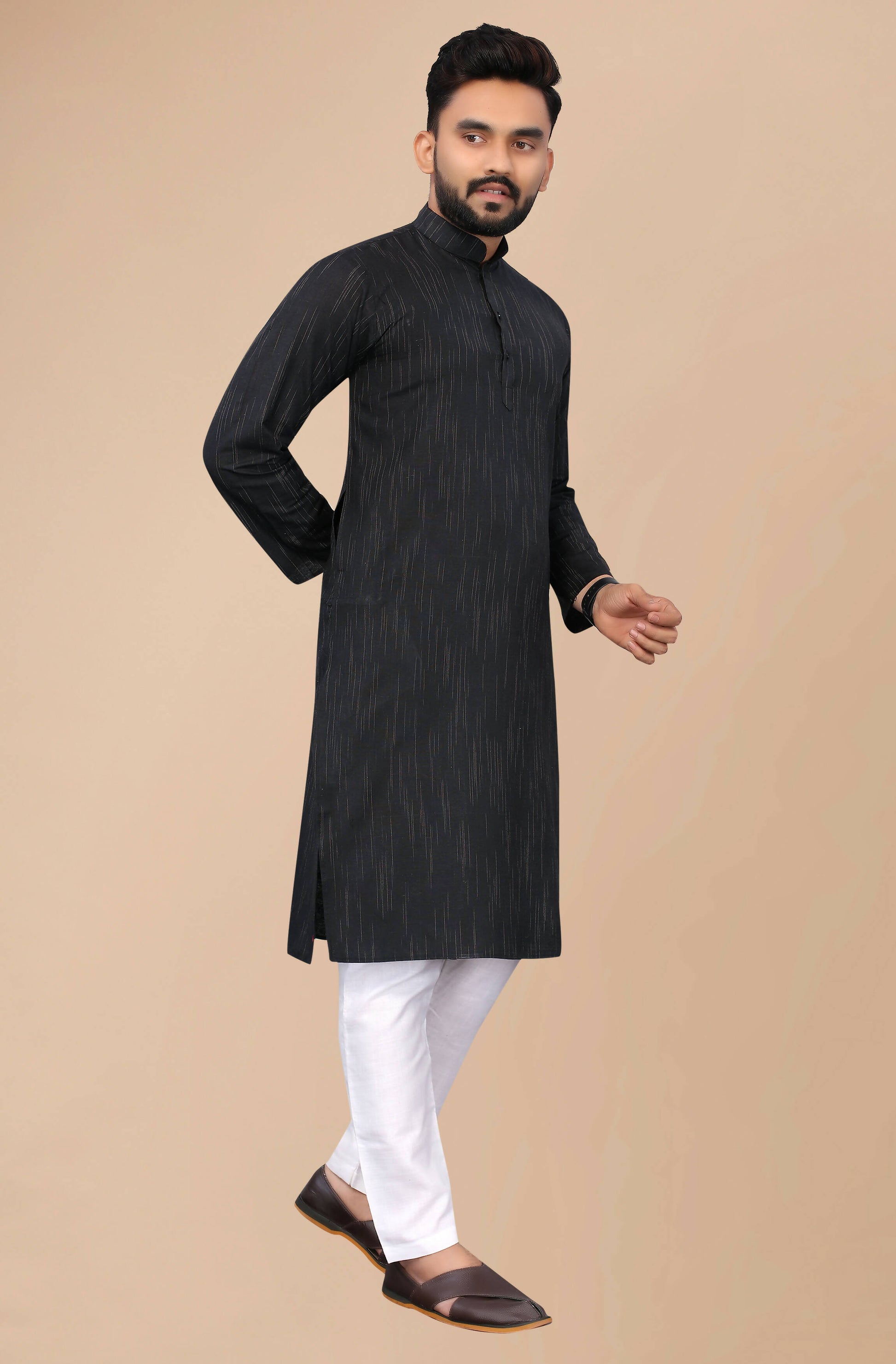 Men's Black Striped Cotton Kurta - Mahotsav - Distacart
