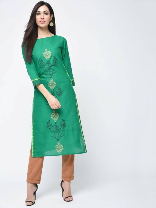 Aniyah Cotton Block Printed Turquoise Color Straight Kurta (AN-130K)