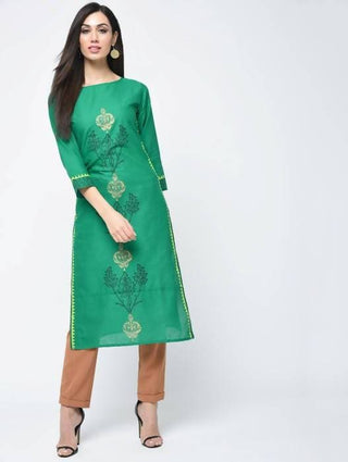 Aniyah Cotton Block Printed Turquoise Color Straight Kurta (AN-130K)