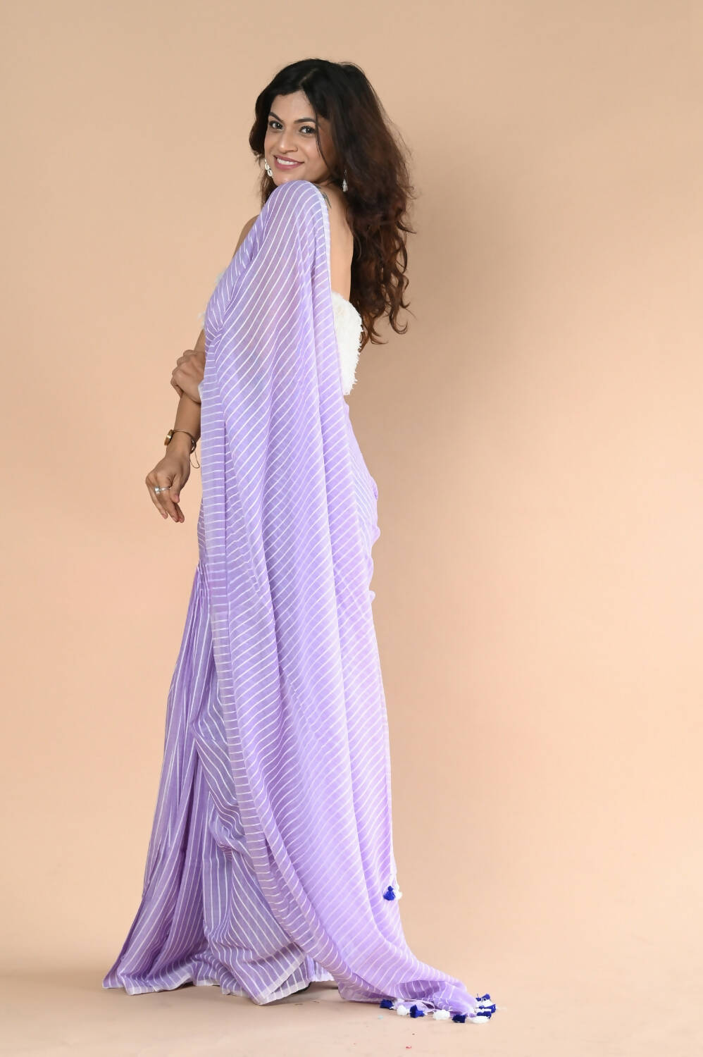 Very Much Indian Designer Pure Cotton Saree With All Over Linear Stripes - Lavender - Distacart