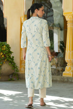 Thumbnail for Juniper Women's Sky Blue Rayon Staple Printed A-Line Kurta - Distacart